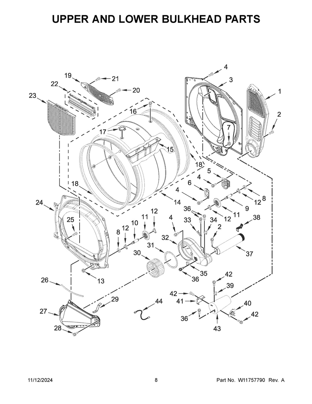 05 - Upper And Lower Bulkhead Parts Diagram and Parts List for MLG26PDFWW0  Whirlpool Dryer