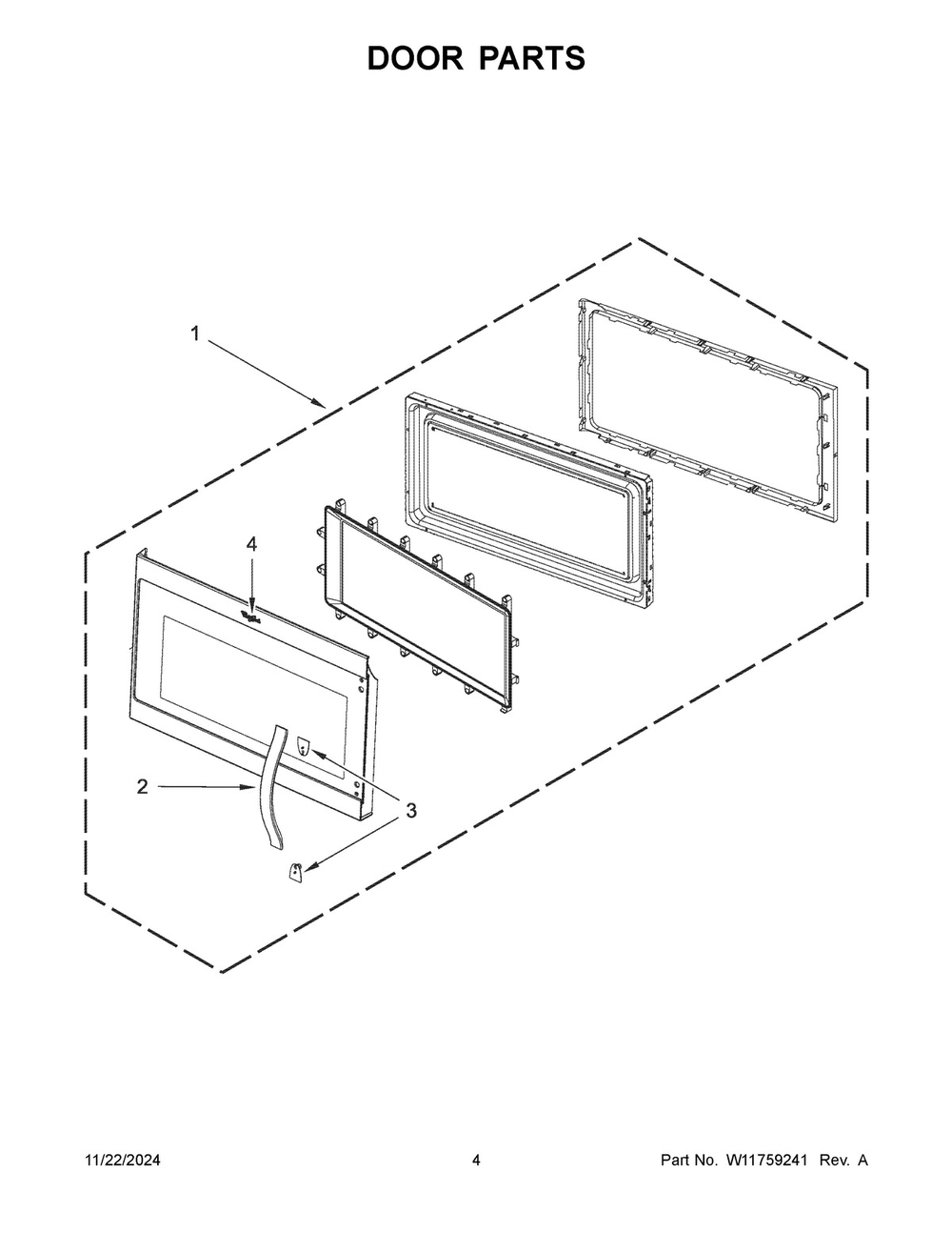 03 - Door Parts Diagram and Parts List for WMH32519HB10  Whirlpool Microwave
