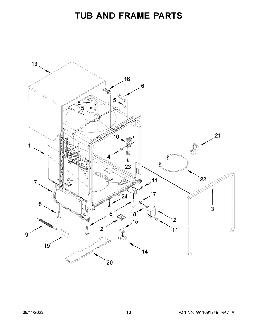 Tub And Frame Parts Diagram and Parts List for WDF341PAPT0  Whirlpool Dishwasher