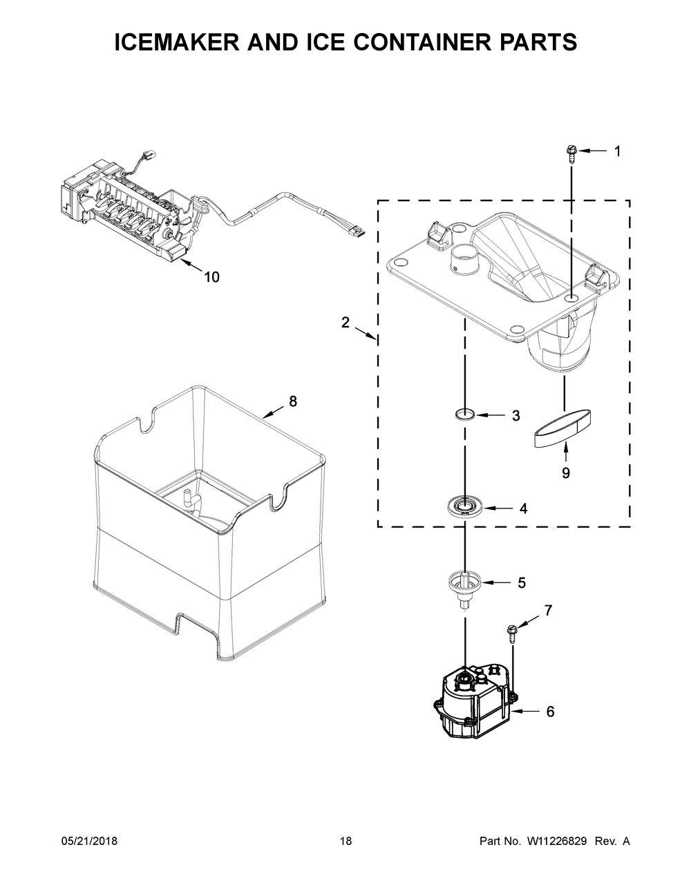 Icemaker And Ice Container Parts Diagram and Parts List for KRFF507HWH00  Whirlpool Refrigerator