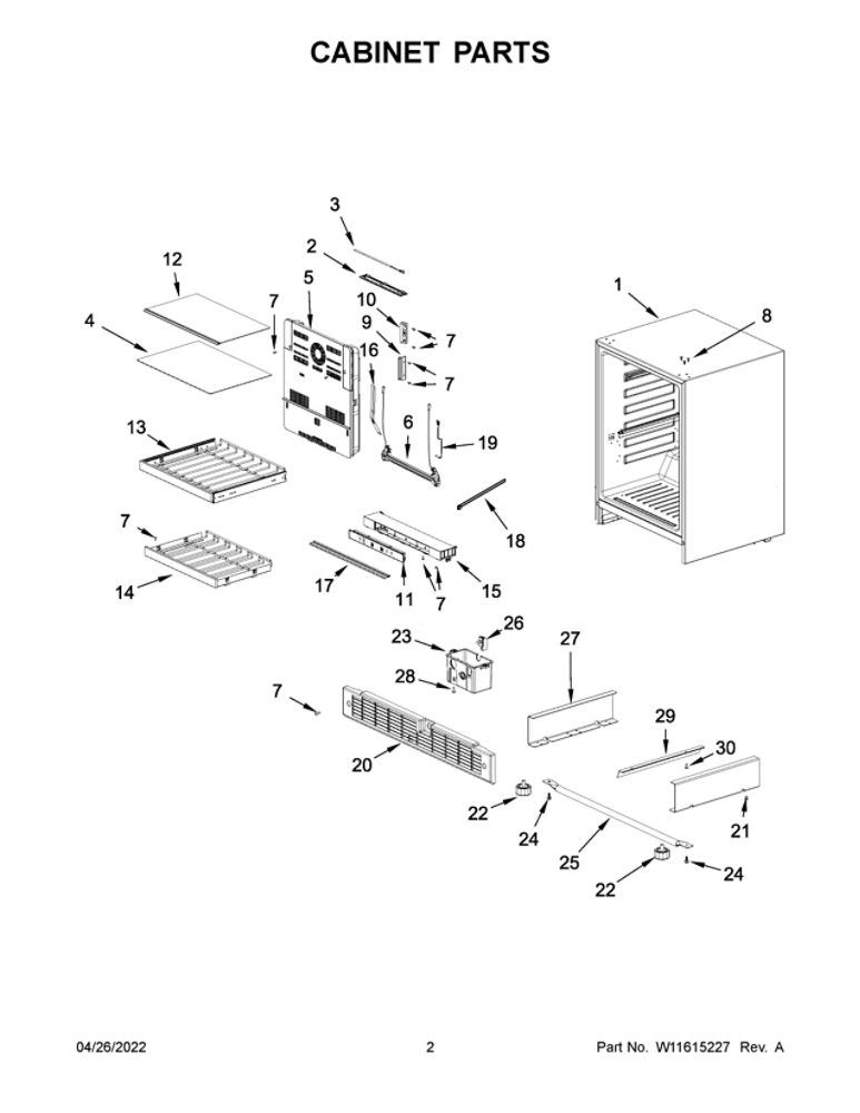 Cabinet Parts Diagram and Parts List for WUB50X24HZ02  Whirlpool Wine and Beverage Cooler
