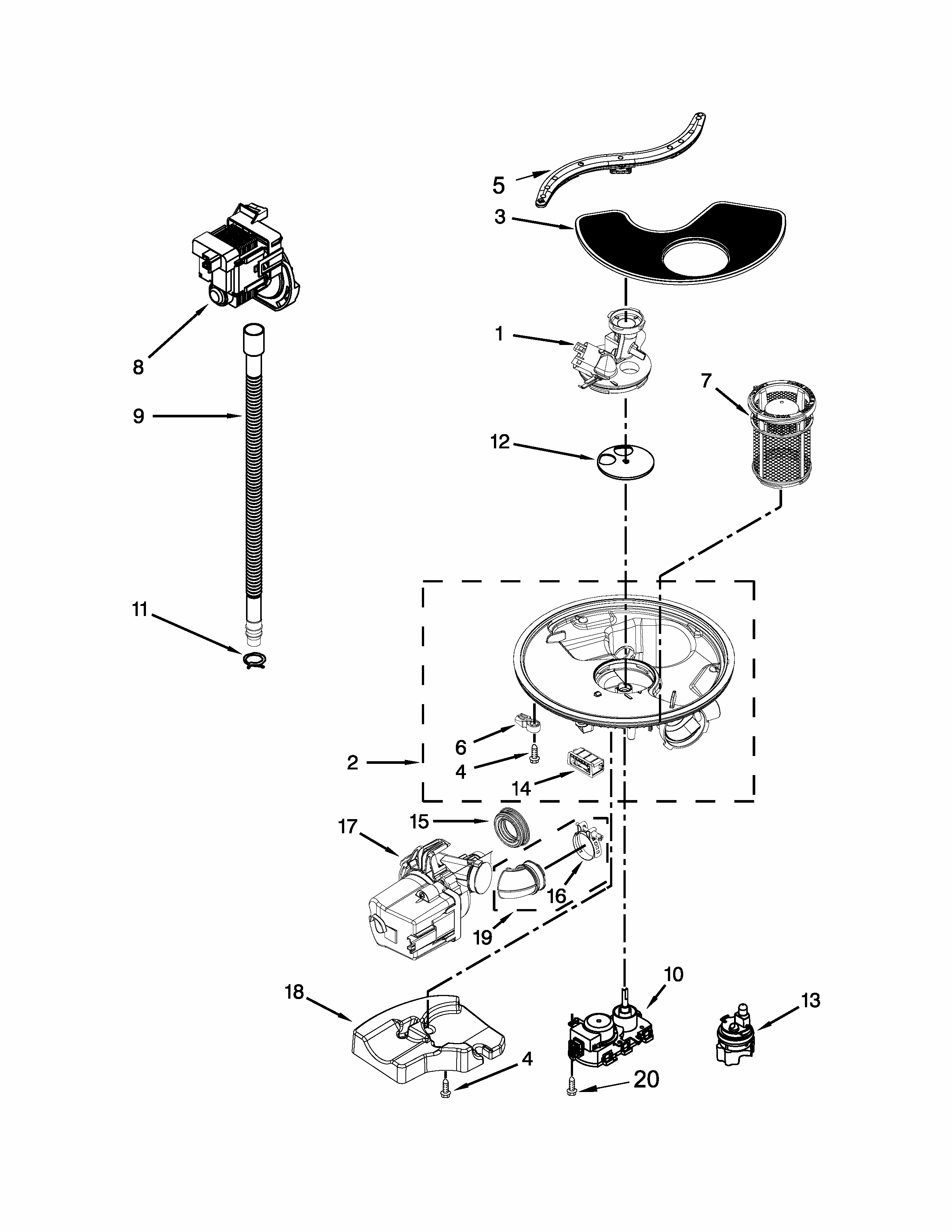 Pump, Washarm And Motor Parts Diagram and Parts List for 66513403N411  Kenmore Dishwasher