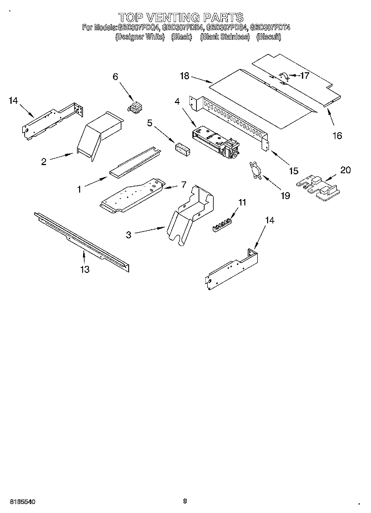 TOP VENTING Diagram and Parts List for GBD307PDB4  Whirlpool Wall Oven