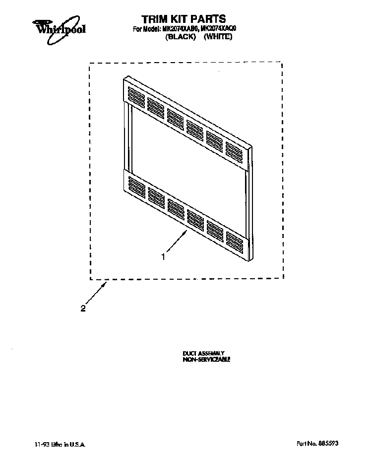 Trim Kit Parts Diagram and Parts List for MK2074XAB0  Whirlpool Microwave