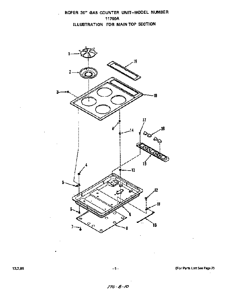 Cooktop Diagram and Parts List for 1176*0A  Roper Cooktop