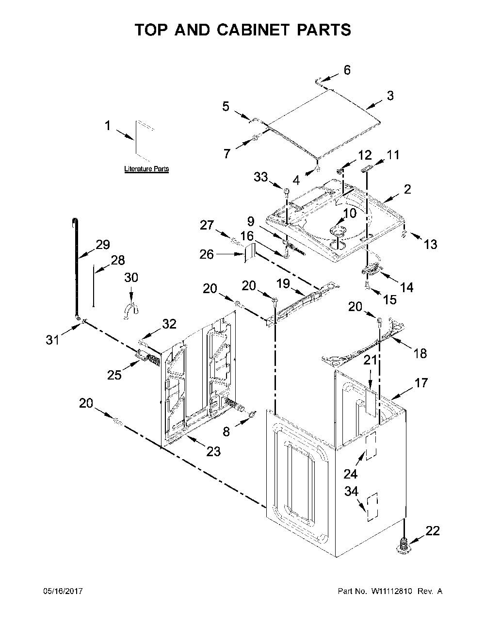 Top and cabinet parts Diagram and Parts List for 11028133412  Kenmore Washer