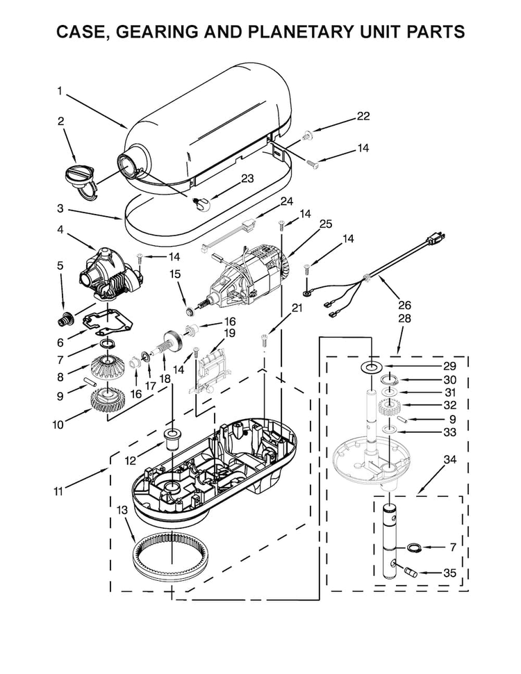 Case, Gearing And Planetary Unit Parts Diagram and Parts List for KP26M1XPB5  KitchenAid Mixer