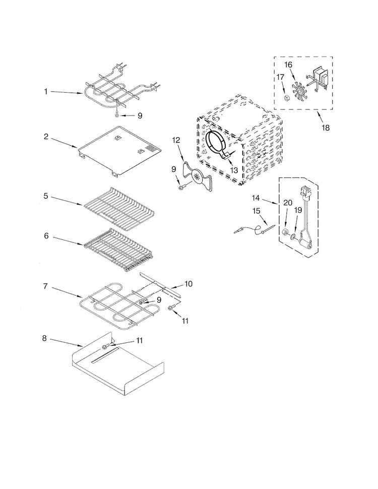 Internal Oven Diagram and Parts List for KEMS308SSS03  KitchenAid Microwave Oven Combo