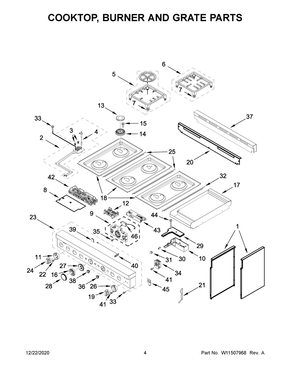 Cooktop, Burner And Grate Parts Diagram and Parts List for KFGC558JSS01  Whirlpool Range