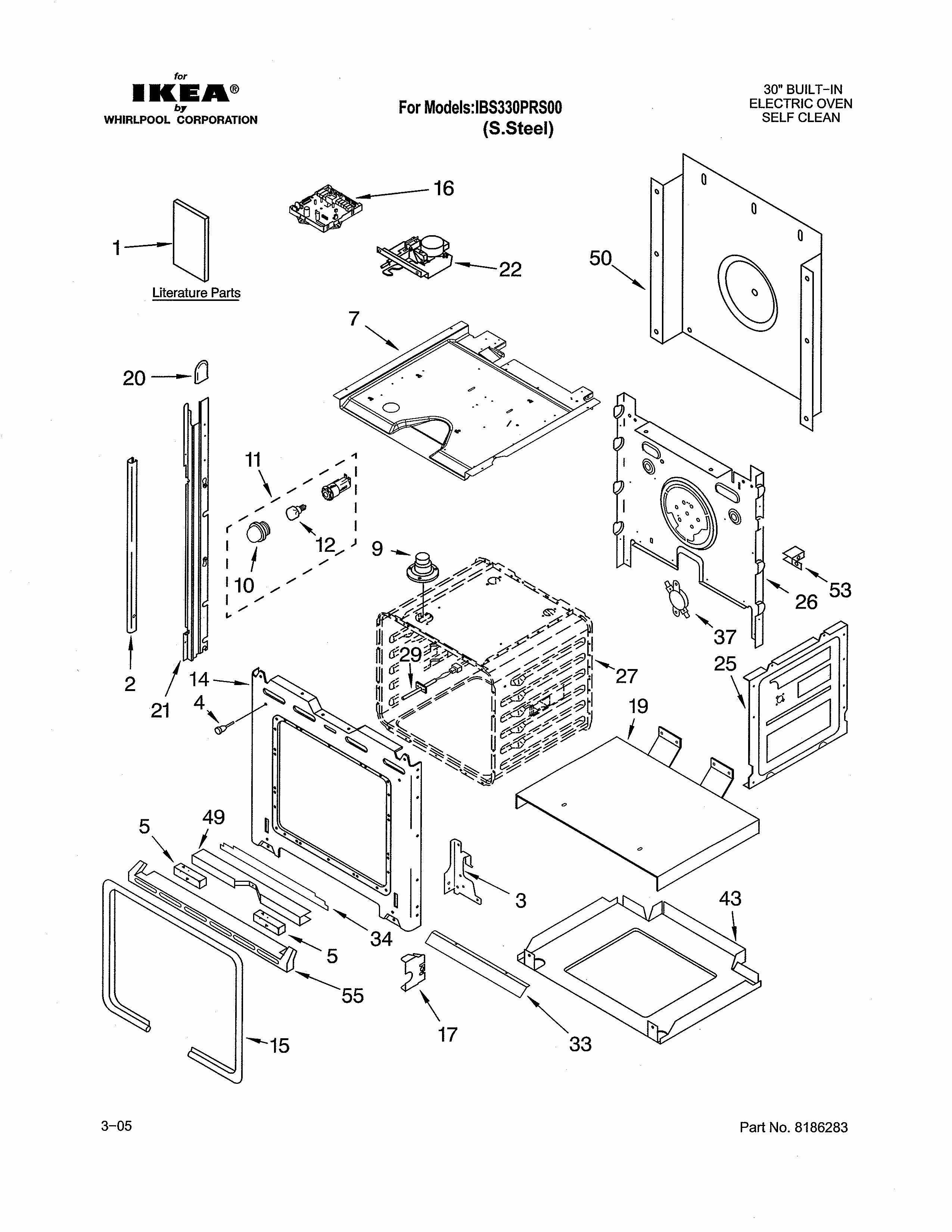 Oven Diagram and Parts List for IBS330PRS00  Whirlpool Wall Oven