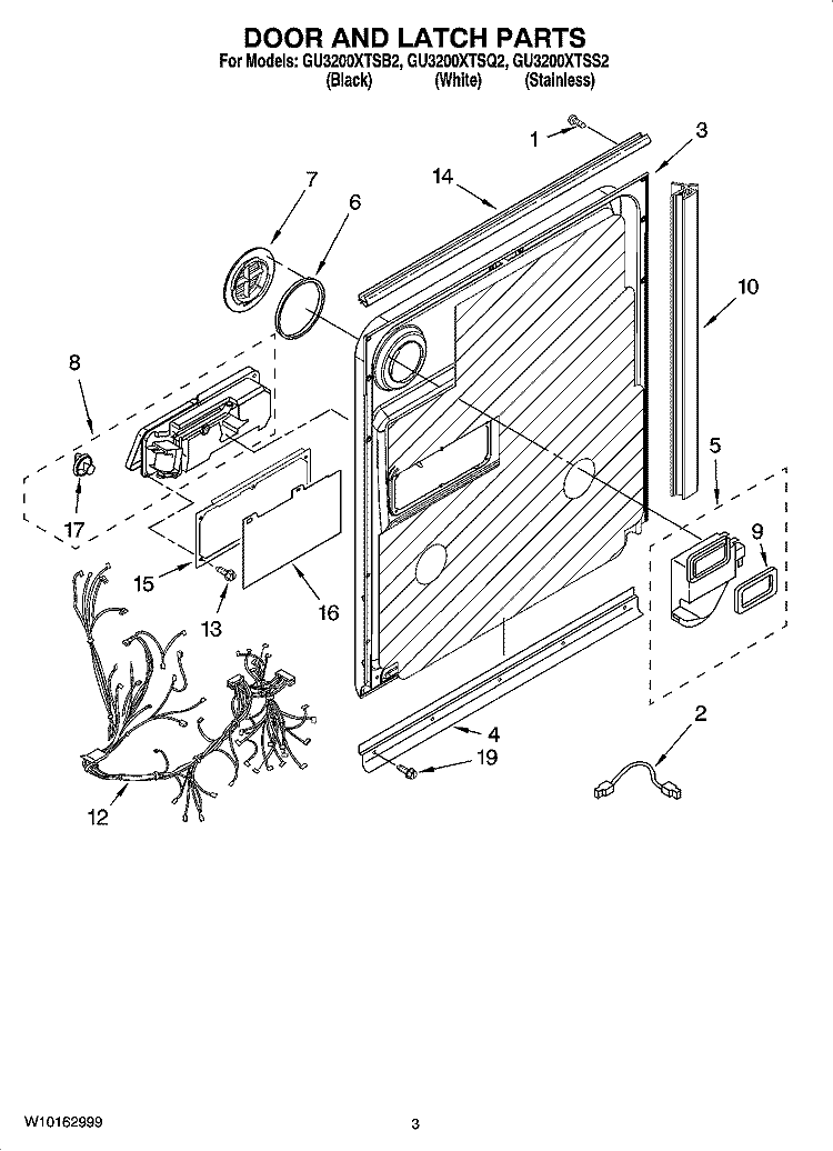 DOOR AND LATCH PARTS Diagram and Parts List for GU3200XTSQ2  Whirlpool Dishwasher