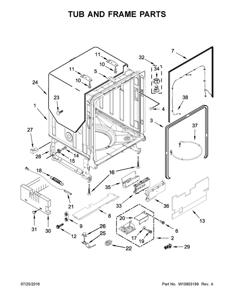 Tub And Frame Parts Diagram and Parts List for KDTM384ESS1  KitchenAid Dishwasher