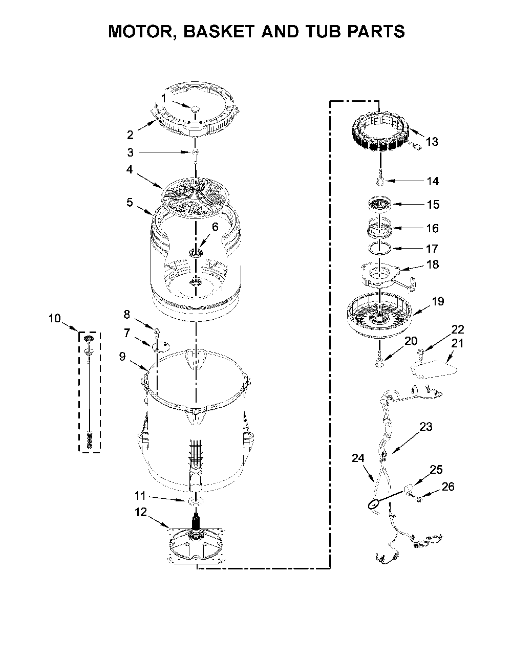 Motor, basket and tub parts Diagram and Parts List for 11028133412  Kenmore Washer