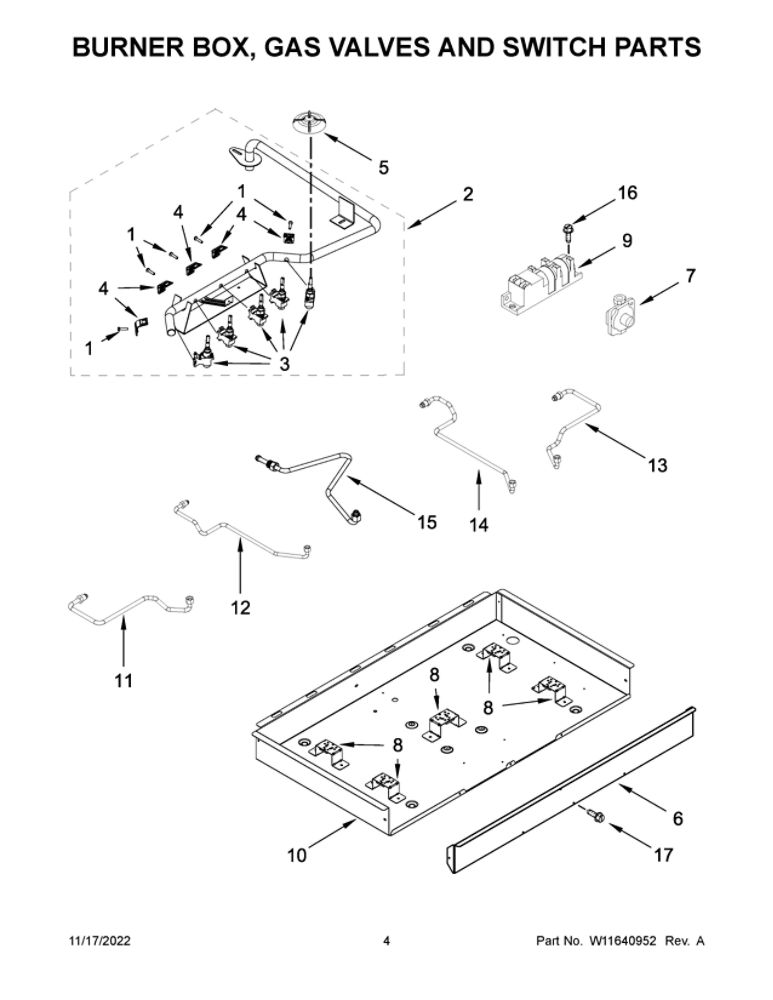 Burner Box, Gas Valves And Switch Parts Diagram and Parts List for WCG55US6HB05  Whirlpool Cooktop