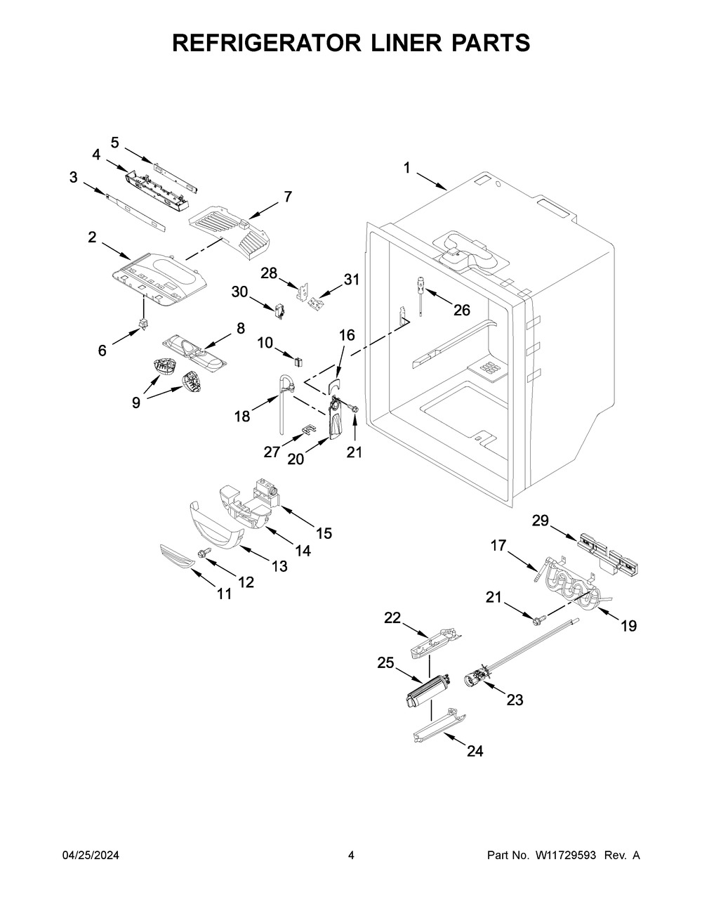 Refrigerator Liner Parts Diagram and Parts List for KRFC300ESS12  KitchenAid Refrigerator