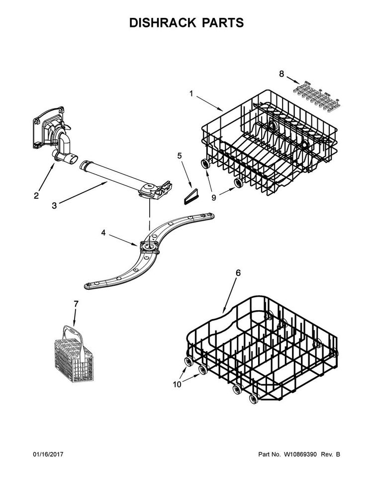 Dishrack Parts Diagram and Parts List for UDT555SAFP0  Whirlpool Dishwasher