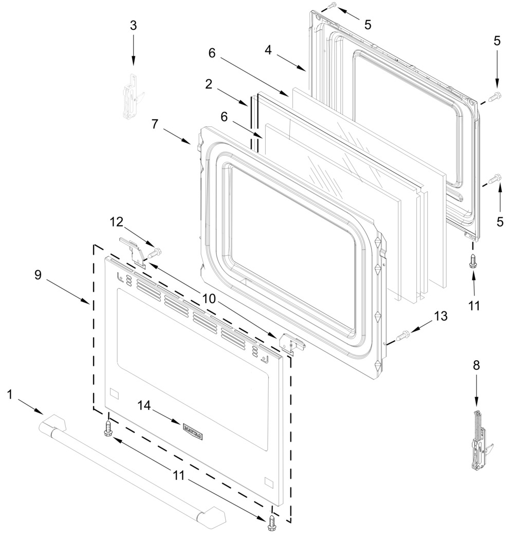 Door Parts Diagram and Parts List for MFES4030RS1  Whirlpool Range