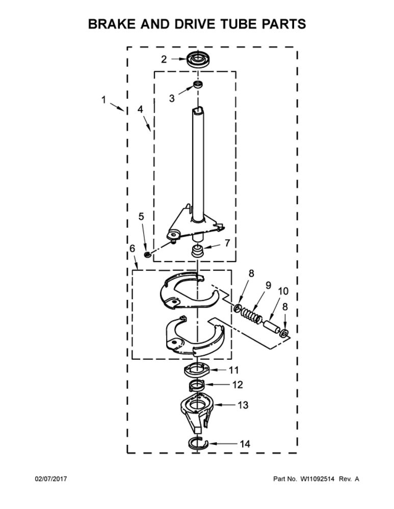 Brake And Drive Tube Parts Diagram and Parts List for WGTLV27FW0  Whirlpool Washer Dryer Combo