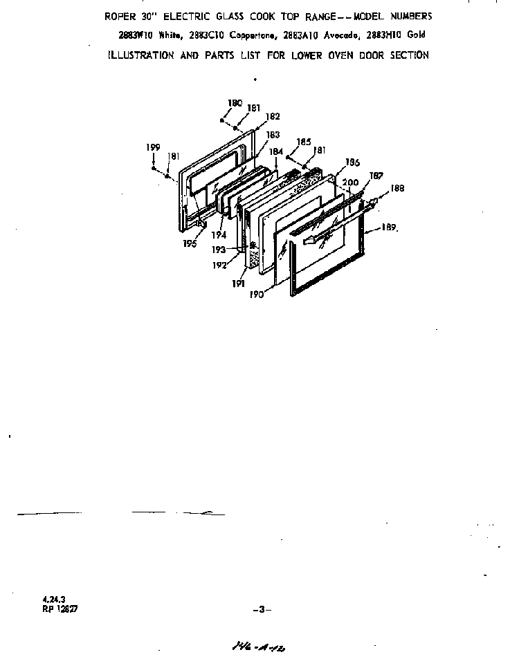 Lower Oven Door Diagram and Parts List for 2883*10  Roper Range