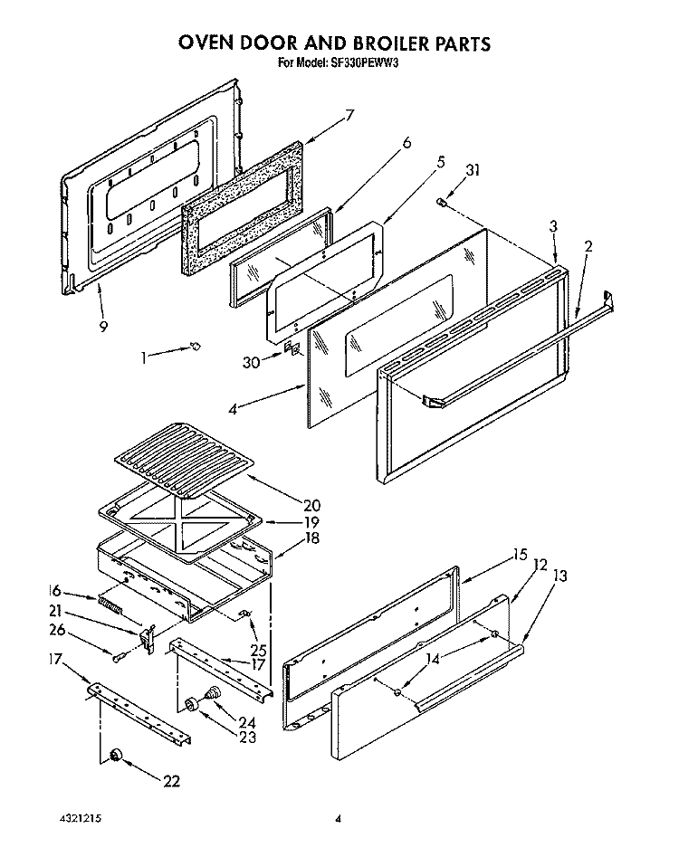 OVEN DOOR AND BROILER Diagram and Parts List for SF330PEWN3  Whirlpool Range