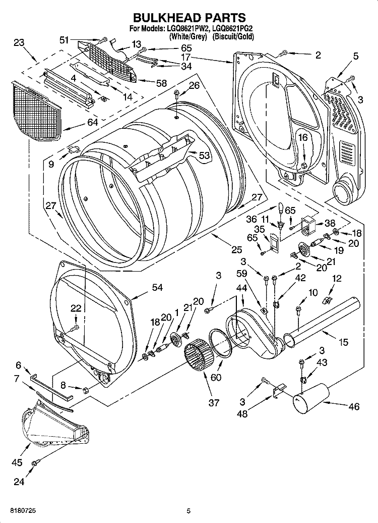 BULKHEAD PARTS Diagram and Parts List for LGQ8621PG2  Whirlpool Dryer