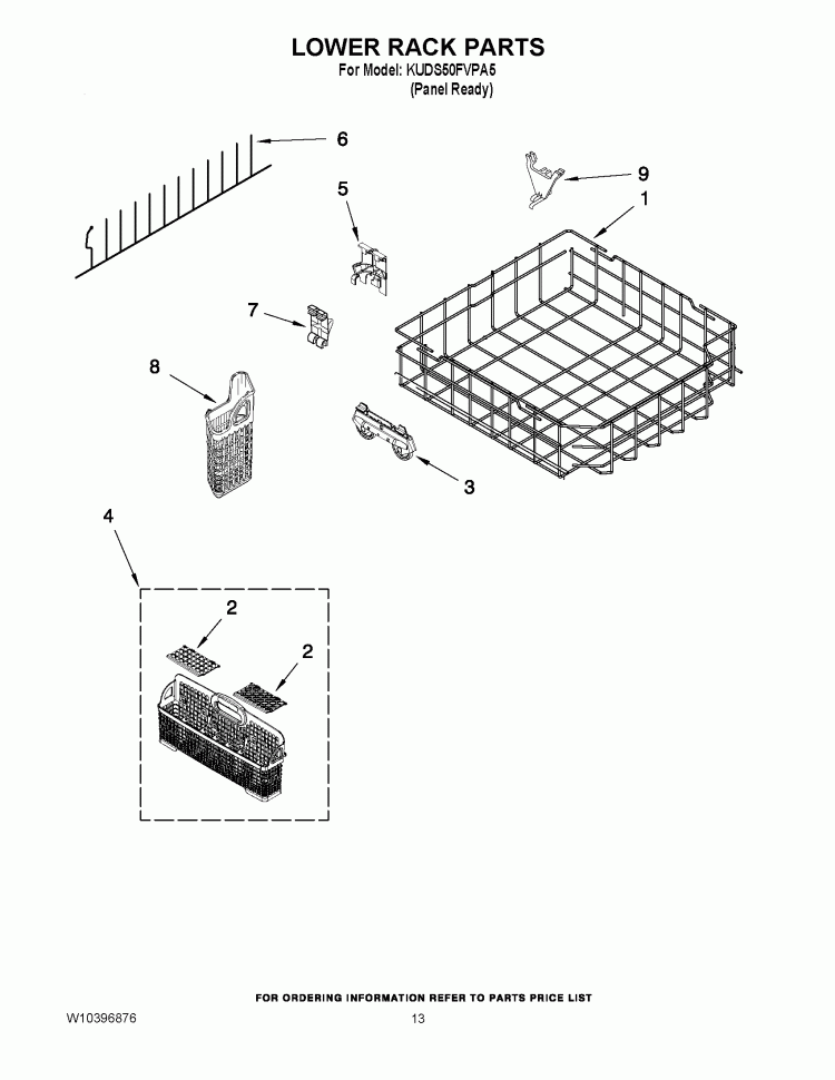 LOWER RACK PARTS Diagram and Parts List for KUDS50FVPA5  KitchenAid Dishwasher