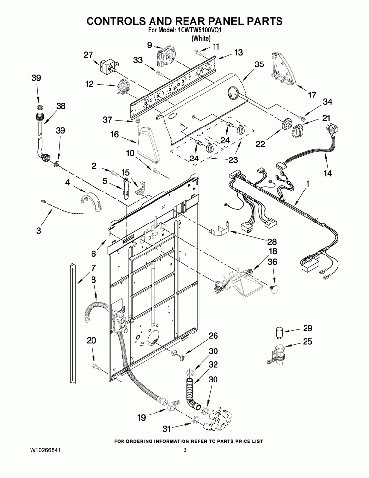 CONTROLS AND REAR PANEL PARTS Diagram and Parts List for 1CWTW5100VQ1  Whirlpool Washer