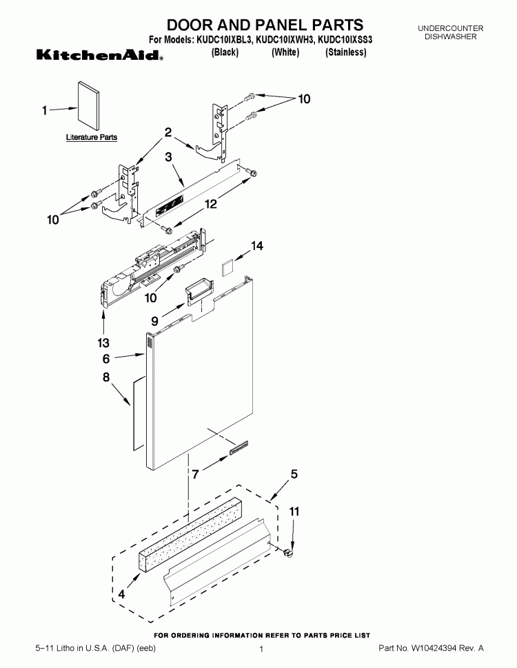 DOOR AND PANEL PARTS Diagram and Parts List for KUDC10IXSS3  KitchenAid Dishwasher