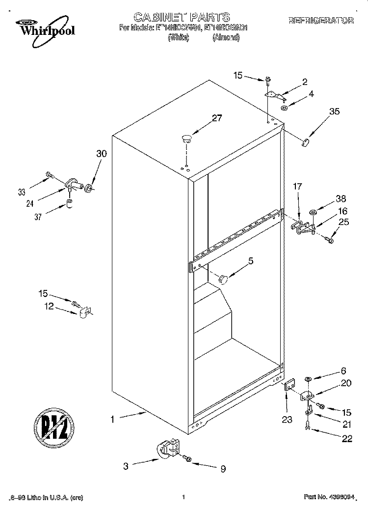 CABINET Diagram and Parts List for ET14NKXGW01  Whirlpool Refrigerator