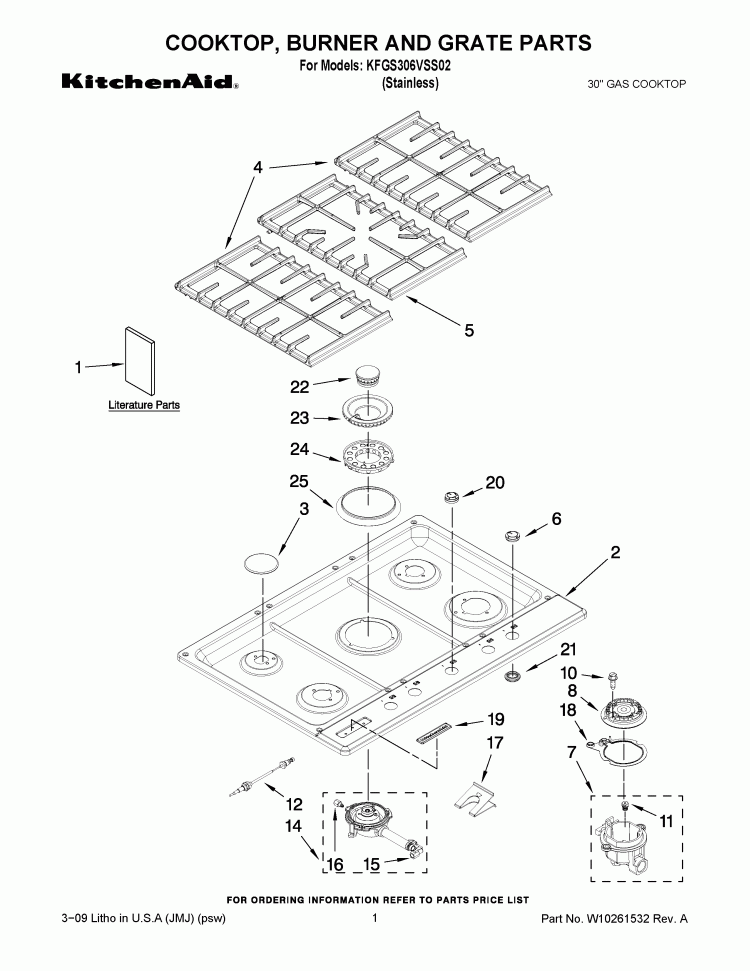 COOKTOP, BURNER AND GRATE PARTS Diagram and Parts List for KFGS306VSS02  KitchenAid Cooktop