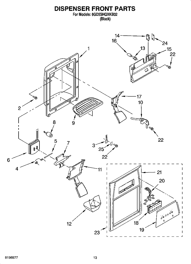 DISPENSER FRONT PARTS Diagram and Parts List for 6GD5SHQXKB02  Whirlpool Refrigerator
