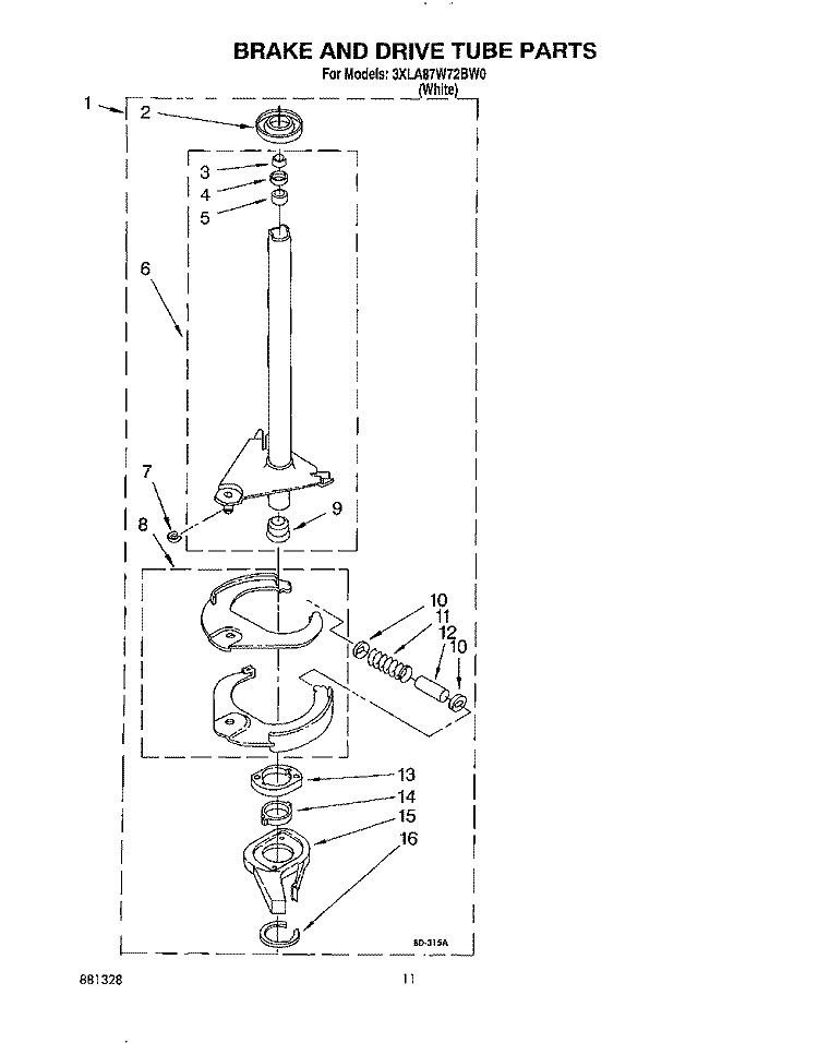BRAKE AND DRIVE TUBE Diagram and Parts List for 3XLA87W72BW0  Whirlpool Washer