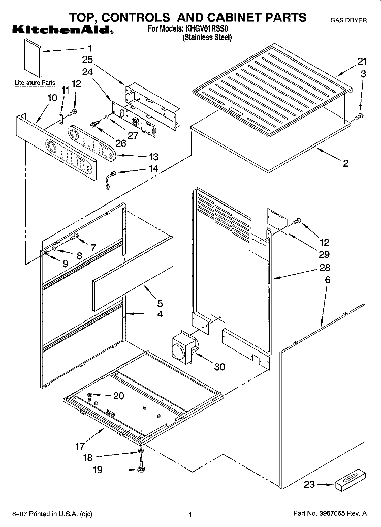 TOP, CONTROLS AND CABINET PARTS Diagram and Parts List for KHGV01RSS0  KitchenAid Dryer