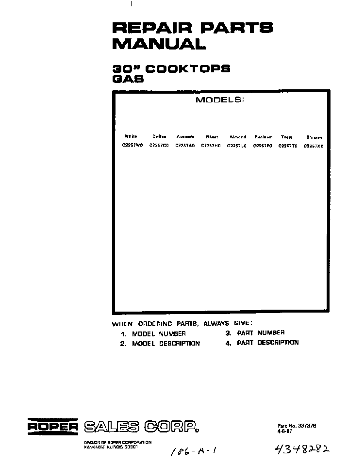 Cover Page-text Only Diagram and Parts List for C2257*0  Roper Cooktop