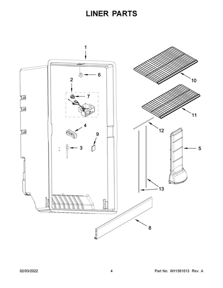 Liner Parts Diagram and Parts List for WZF56R16DW08  Whirlpool Freezer