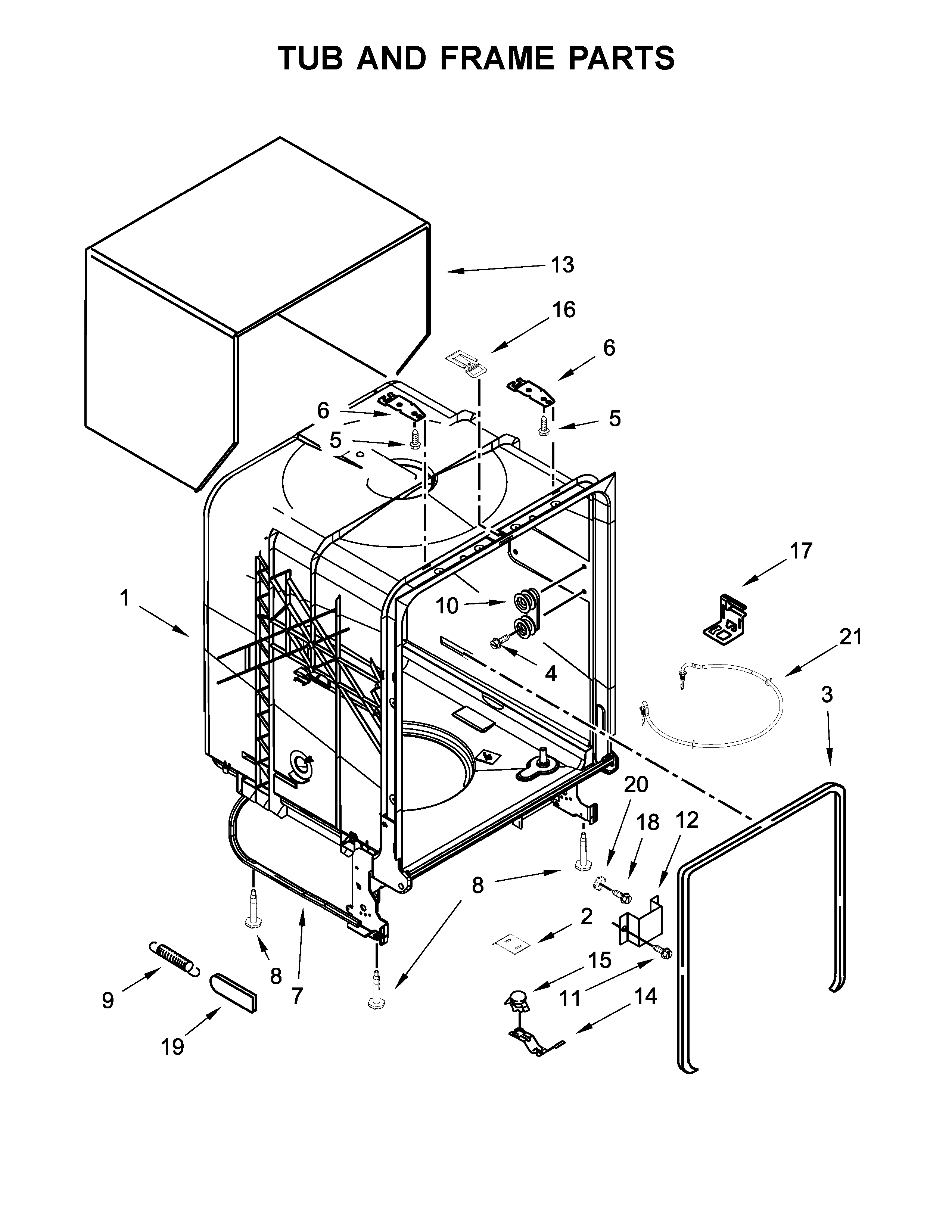 Tub And Frame Parts Diagram and Parts List for IDF330PAGW0  Whirlpool Dishwasher