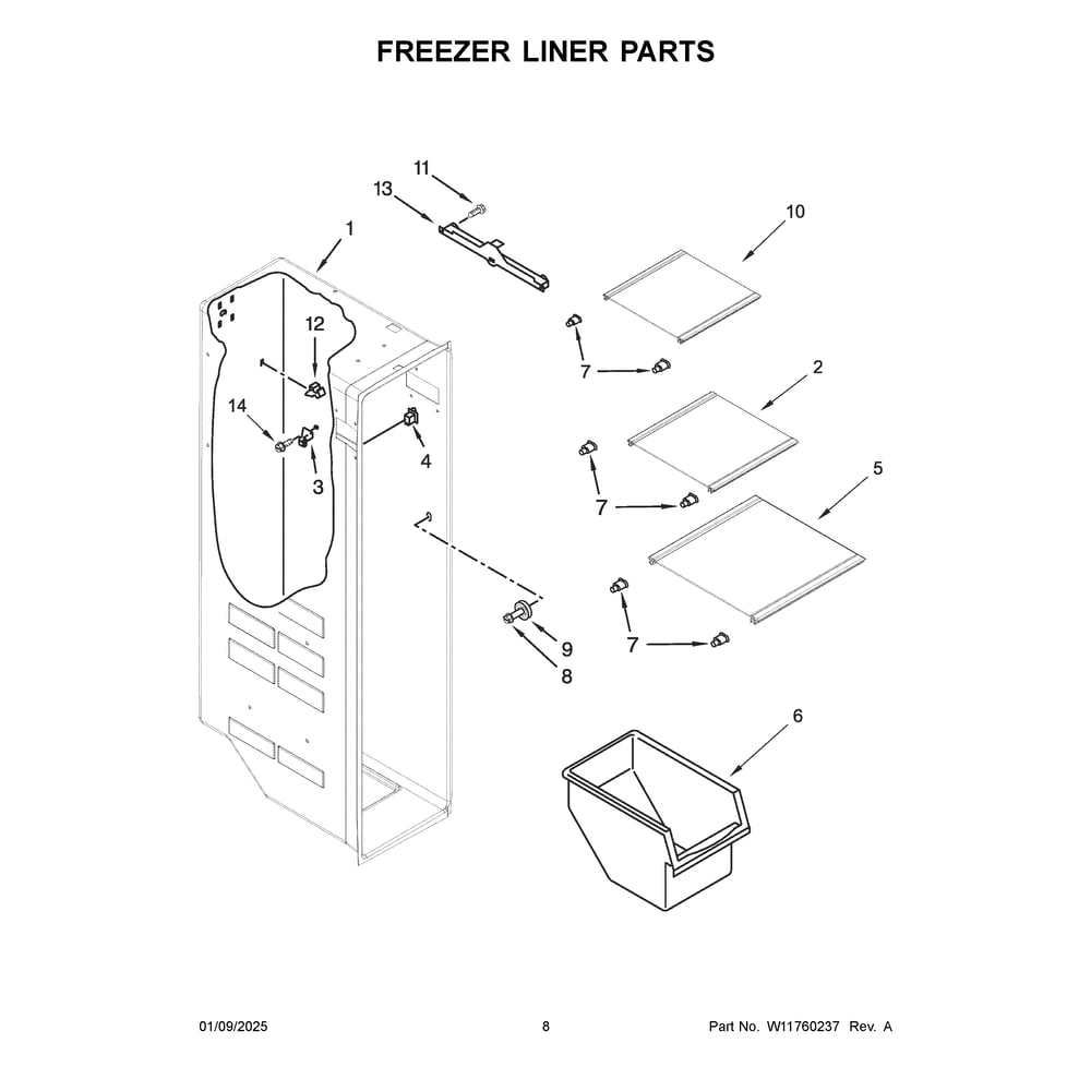 Freezer Liner Parts Diagram and Parts List for WRS321SDHB11  Whirlpool Refrigerator