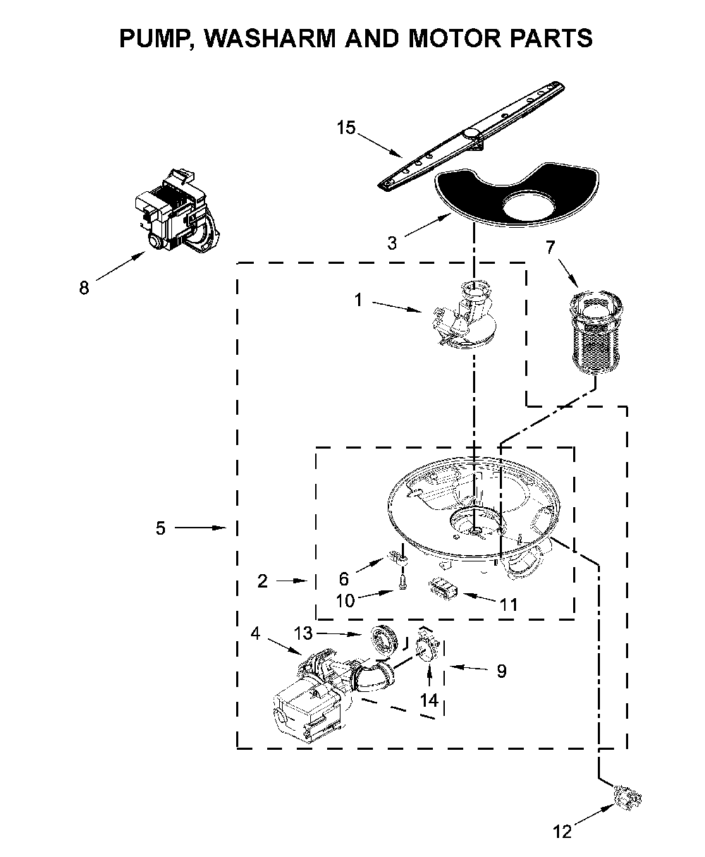 Pump, washarm and motor parts Diagram and Parts List for WDP370PAHW1  Whirlpool Dishwasher