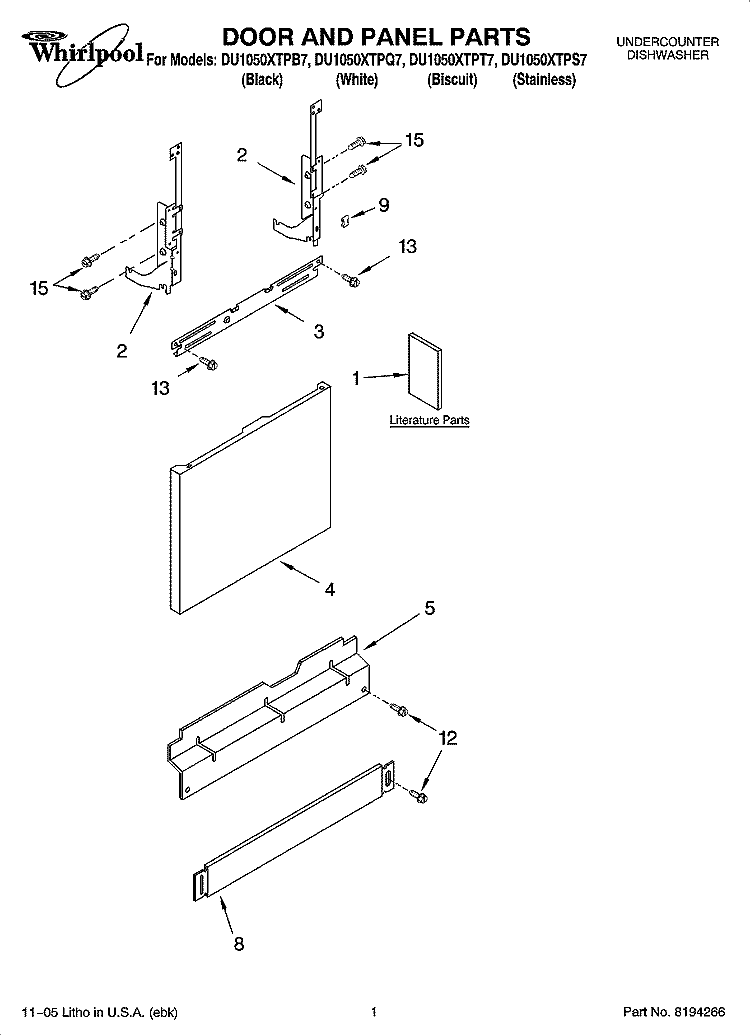 DOOR AND PANEL PARTS Diagram and Parts List for DU1050XTPS7  Whirlpool Dishwasher