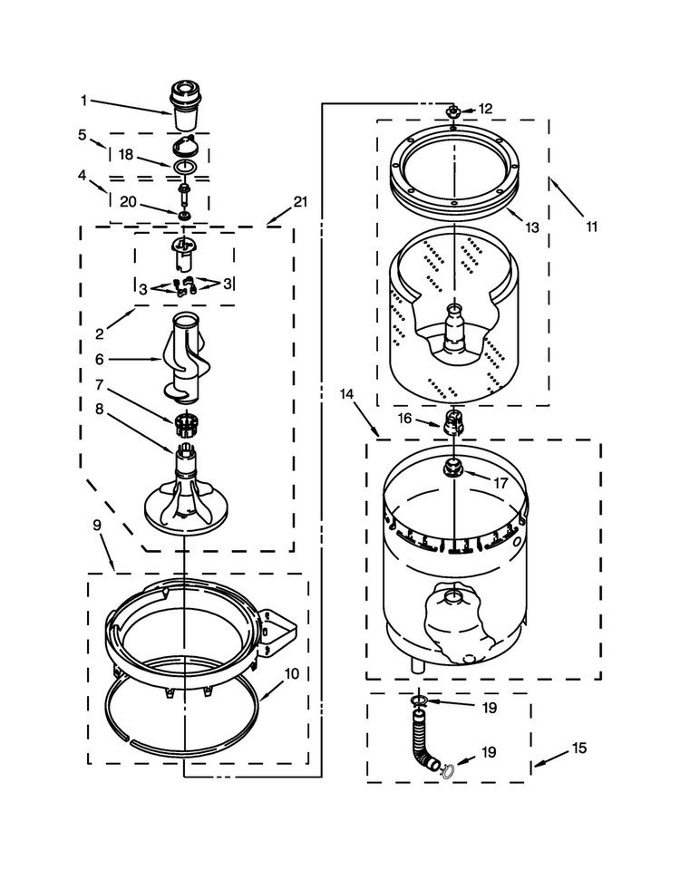 Agitator, Basket And Tub Parts Diagram and Parts List for WET3300XQ2  Whirlpool Washer Dryer Combo