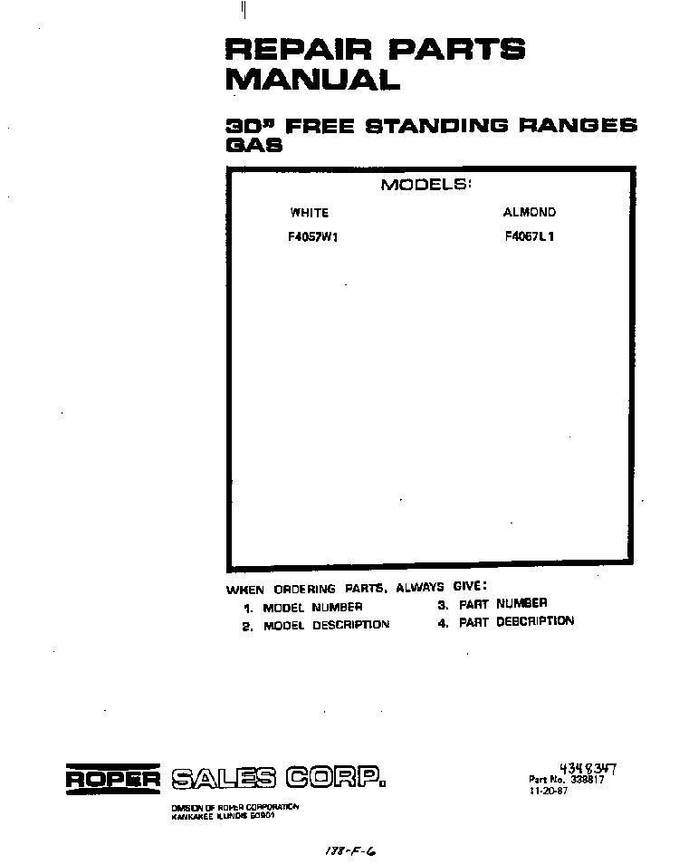 Front Cover Diagram and Parts List for F4057*1  Roper Range