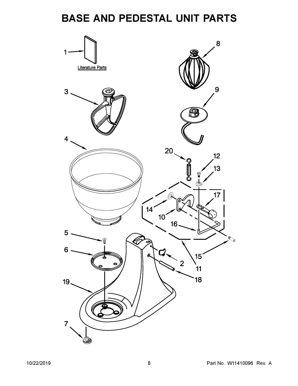 Base And Pedestal Unit Parts Diagram and Parts List for 7K45SSZOB0  Whirlpool Mixer