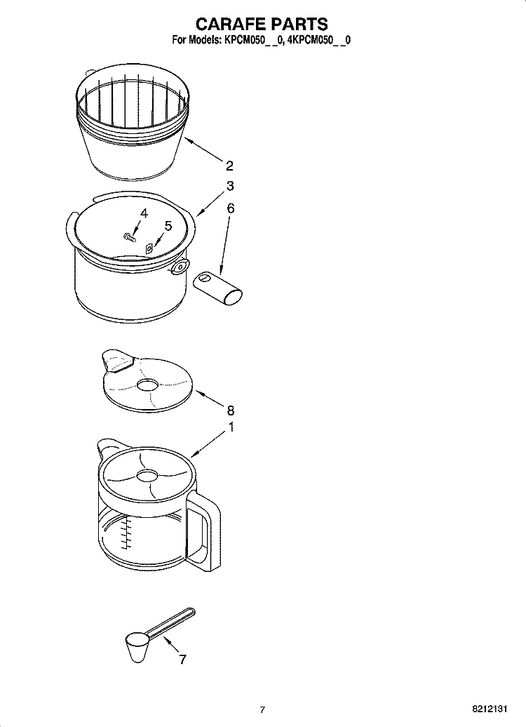 CARAFE PARTS Diagram and Parts List for 4KPCM050PM0  KitchenAid Coffee Maker