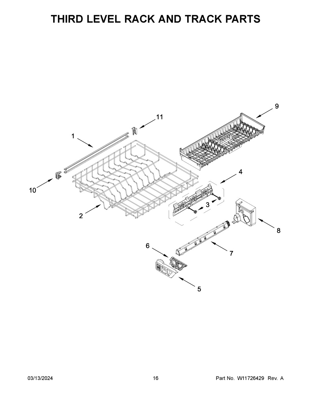 Third Level Rack And Track Parts Diagram and Parts List for WDPA70SAMZ3  Whirlpool Dishwasher
