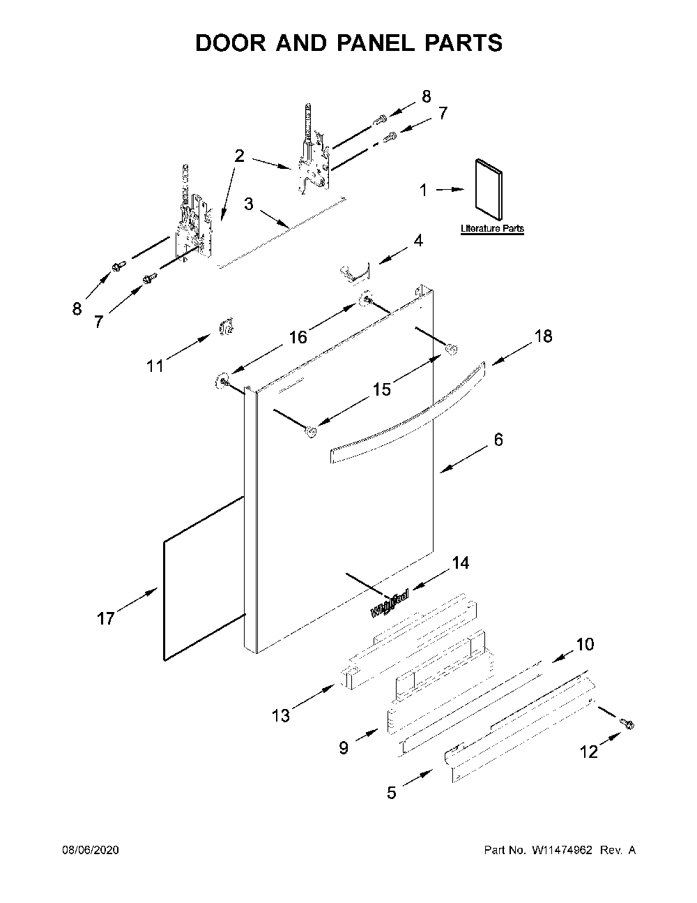 Door and panel parts Diagram and Parts List for WDT750SAKB0  Whirlpool Dishwasher
