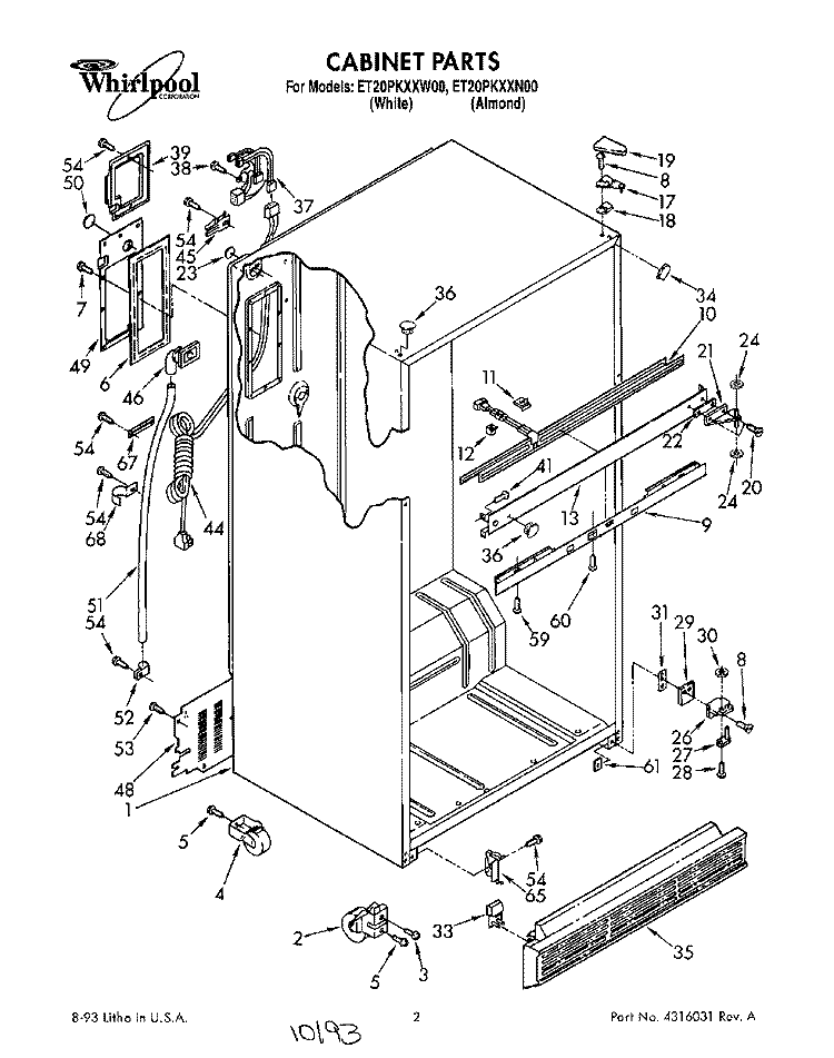 CABINET Diagram and Parts List for ET20PKXXW00  Whirlpool Refrigerator