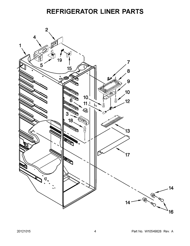 REFRIGERATOR LINER PARTS Diagram and Parts List for 6ISC21N4AF00  Whirlpool Refrigerator