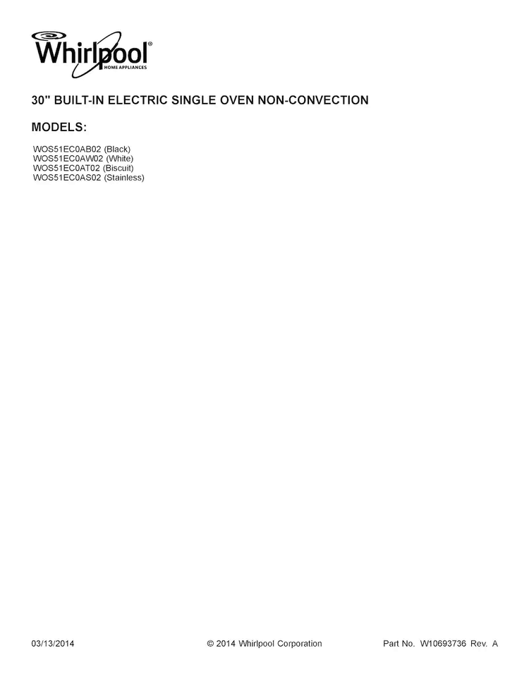 Cover Sheet Diagram and Parts List for WOS51EC0AS02  Whirlpool Wall Oven