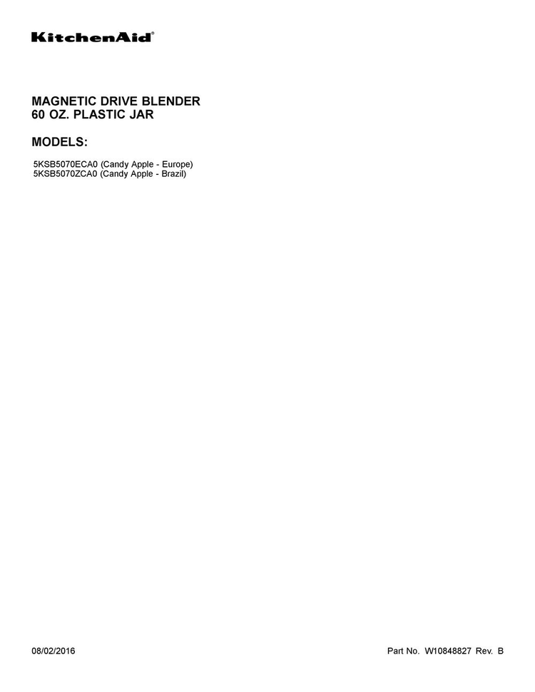 Cover Sheet Diagram and Parts List for 5KSB5070ZCA0  KitchenAid Blender