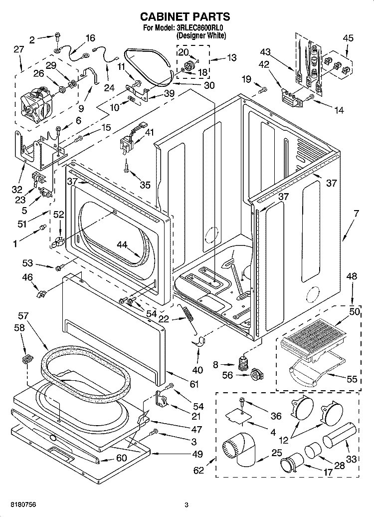 CABINET PARTS Diagram and Parts List for 3RLEC8600RL0  Whirlpool Dryer